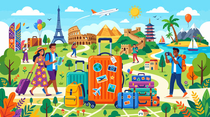 Fototapeta premium Travel Adventure: People, Landmarks, Luggage, and Global Destinations