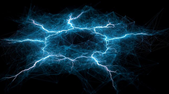 Abstract circular blue lightning vortex with glowing electrical discharge on black background