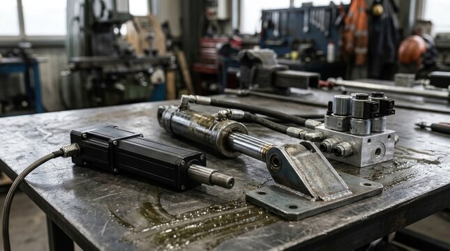 Off highway actuator assembly with electric linear actuator, hydraulic piston, control valve block, and rugged mounting bracket