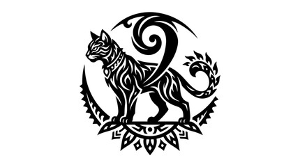 Obraz premium Tribal Cat Tattoo Design, Stylized Black Feline Silhouette with Ornate Patterns