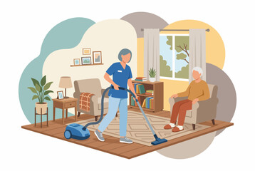 Obraz premium Professional Caregiver Vacuuming for Elderly Man in Home Setting