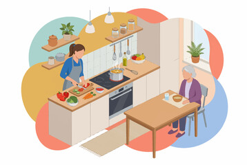 Obraz premium Isometric Caregiver Preparing Healthy Meal for Senior Woman in Kitchen