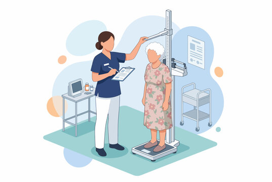 Isometric Nurse Measuring Height and Weight of Elderly Patient
