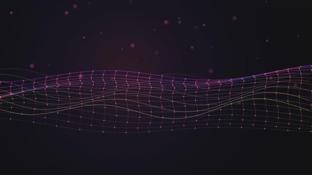 Abstract digital mesh with glowing particles flowing in a smooth wave motion pattern.