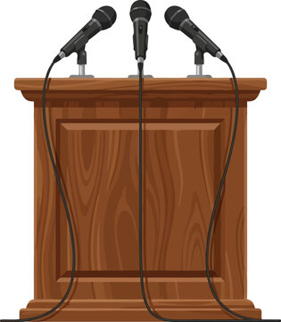 Wooden podium with microphones isolated on white background