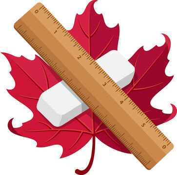 Wooden ruler and white eraser on a red maple leaf