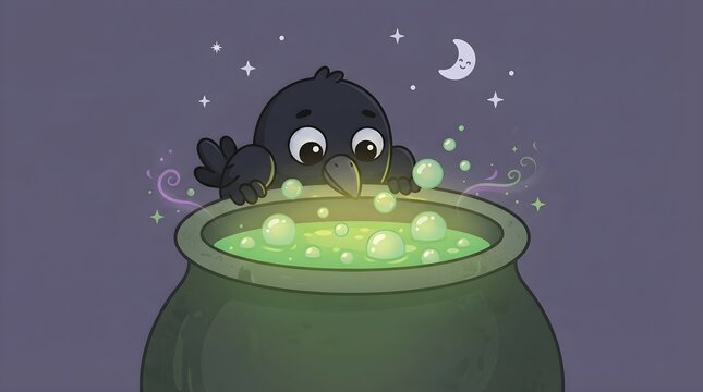 Raven peeking over cauldron