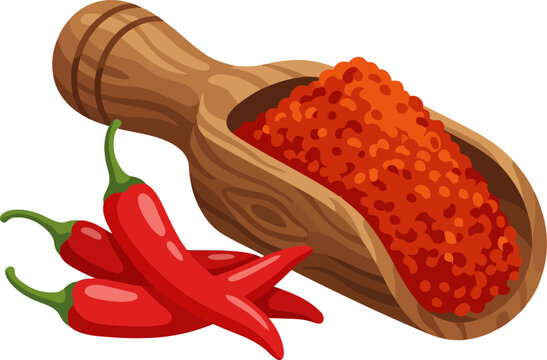 Wooden scoop with chili powder and fresh chili peppers isolated on white background