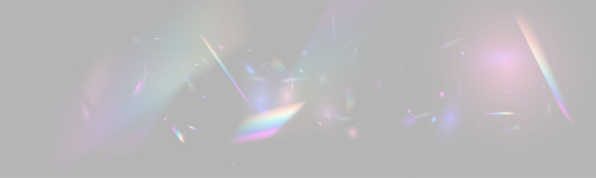 Brilliant crystal refraction produces a colorful rainbow spectrum. Lens flare, holographic glow and subtle light leaks the luminous composition. Vector illustration with realistic optical effects png.