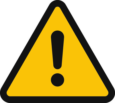 Yellow warning sign with a black exclamation mark inside a triangle, isolated on white background