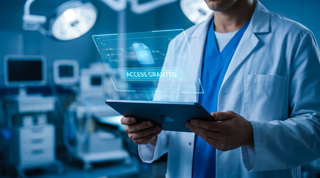 Doctor in a modern operating room using a tablet to access secure digital medical records with a holographic interface