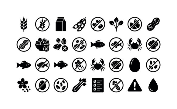 Food Allergen Symbols, solid glyph icon set featuring wheat, milk, soy, sesame, peanut, fish, shellfish, egg, mustard, celery, covering food allergies, intolerance, gluten-free diets, ingredient