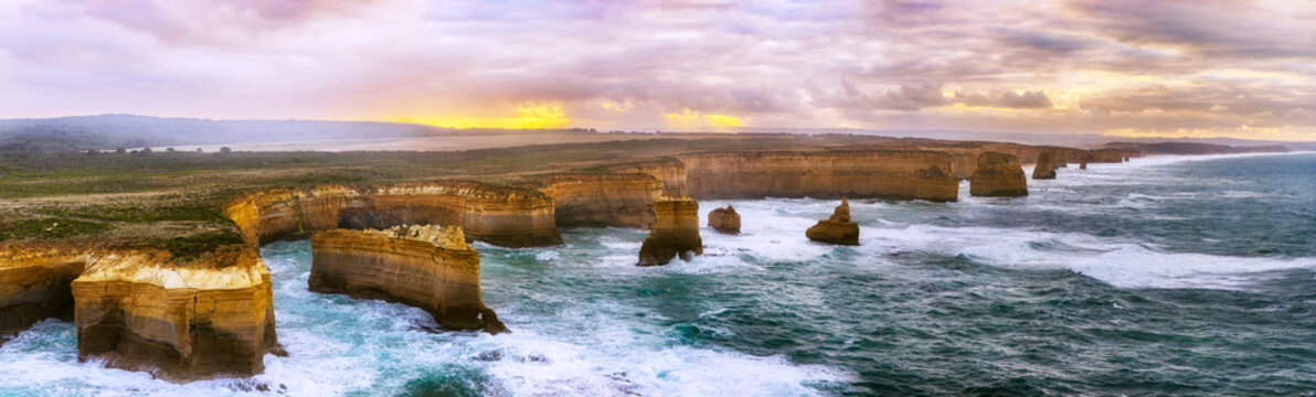 Aerial GOR 12 Apostles scenic whole sun panorama