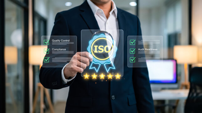 Businessman holding a magnifying glass to examine a digital iso certification icon with quality control, compliance, and audit readiness checklists