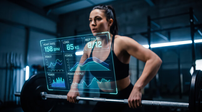 Athletic woman performing barbell rows in a gym with a futuristic augmented reality interface displaying workout metrics