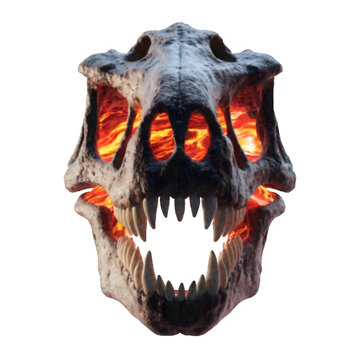 Detailed pixel art t-rex skull with fiery eyes halftone style