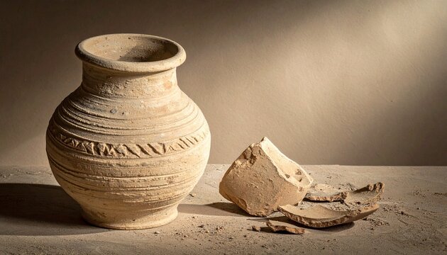 Clay pot with broken pottery fragments ancient craftsmanship