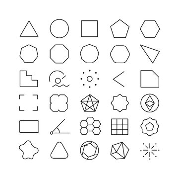 Polygon Geometry Icons, line icon set, create 25 clean outline icons in a 5x5 layout showing triangle, circle, quadrangle, pentagon, hexagon, heptagon, octagon, nonagon, rounded polygon, sharp