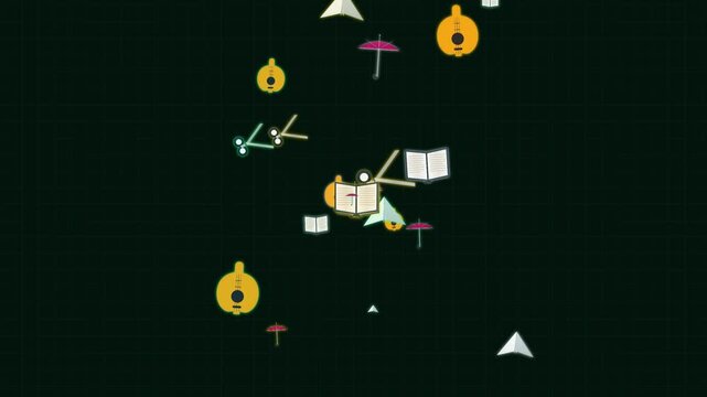 Abstract Floating Objects Animation with Musical Instruments and Books