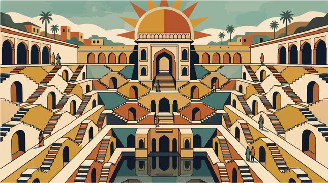 Ancient Geometric Stepwell Architecture Landmark Flat Vector Illustration