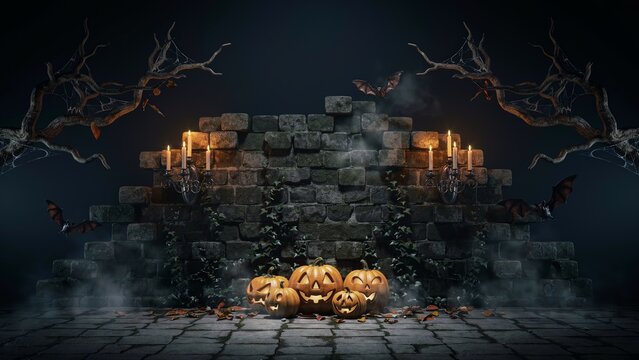 A spooky halloween background featuring glowing carved pumpkins on a stone floor with dark misty atmosphere and old tree branches