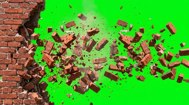 Exploding red brick wall with flying debris on bright green background, dramatic effect
