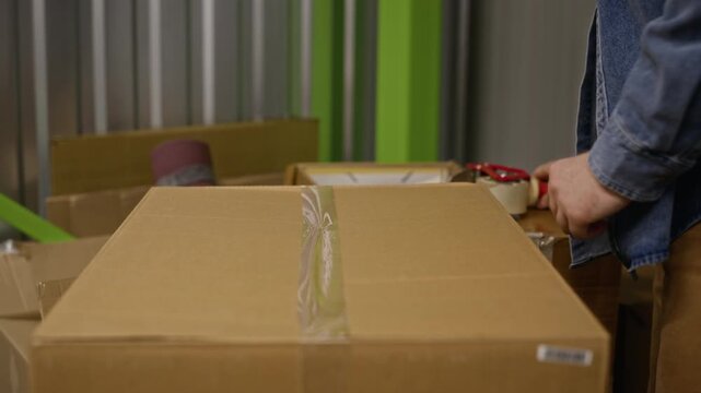 Closeup of unrecognizavle man sealing cardboard box with tape dispenser gun inside storage unit. Clip suits ecommerce shipping, moving services or selfstorage promotions