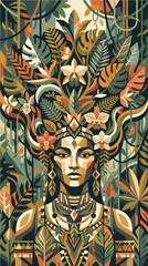 Obraz premium Rainforest Nature Spirit Portrait in Contemporary Flat Vector Illustration
