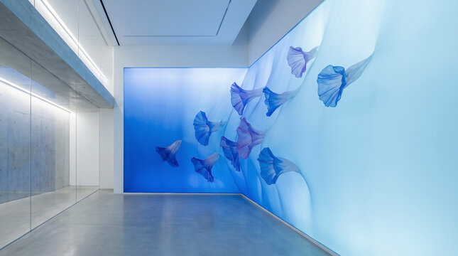 Large wall with a blue and purple fish mural in a white room interior