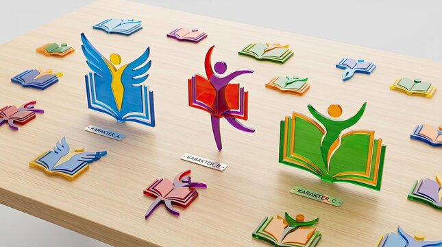 Colorful paper cutouts of books and active figures.