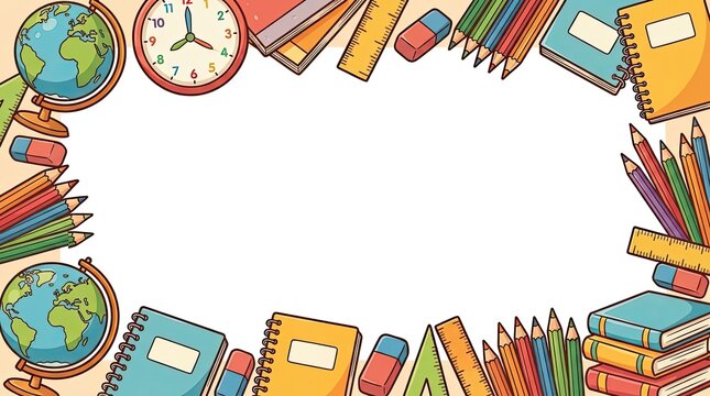 Colorful school supplies border with blank copy space.