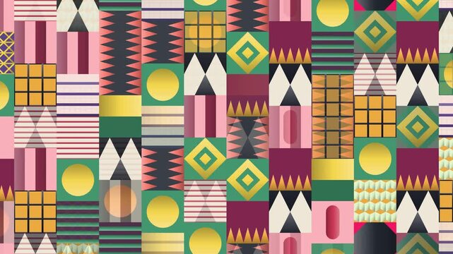 Seamless abstract pattern loop in maroon, green, yellow - trendy animated 4K motion background for video editing, social media and presentation
