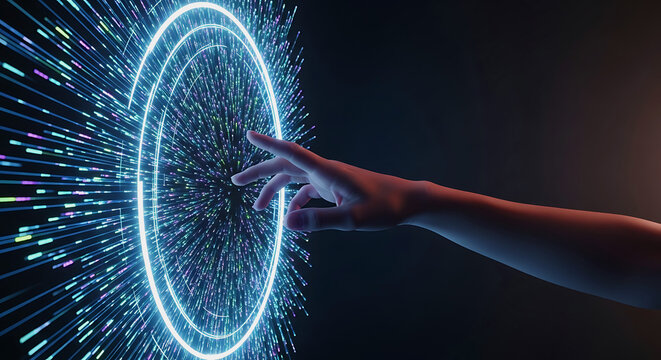 Futuristic hand touching digital holographic portal with glowing light particles effect