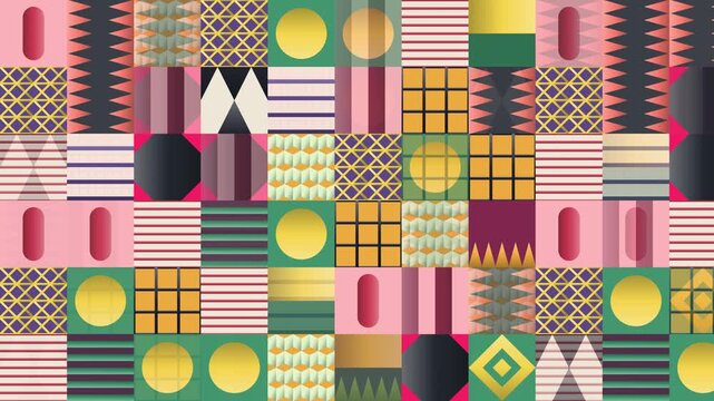 Seamless abstract pattern loop in maroon, green, yellow - modern animated 4K motion background for video editing, social media and presentation