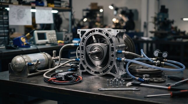 Hydrogen rotary engine prototype with fuel lines, pressure cylinder, ignition components, and rotor housing on a dark workbench