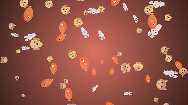 Animated Falling Icons of Dogs Rabbits and Fish on Brown Background