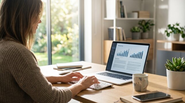 Woman working on a laptop at a wooden desk in a bright home office, analyzing business charts and data, remote work lifestyle with plants and sunlight in the background.