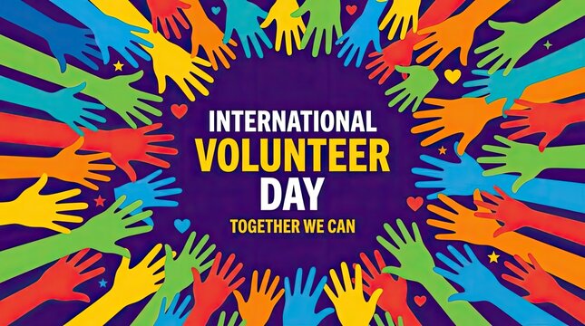 Colorful hands and hearts for International Volunteer Day poster.
