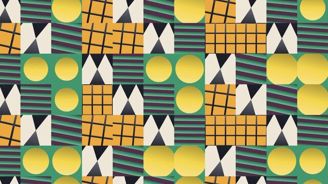 Seamless abstract pattern loop in maroon, green, yellow - minimalist animated 4K motion background for video editing, social media and presentation