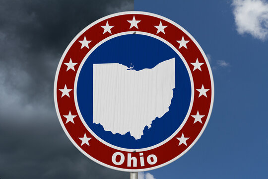 Ohio map with stars on a US red, white and blue road sign