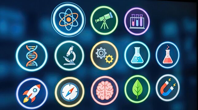 Glowing neon science and space exploration icon set.
