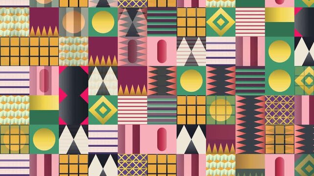 Seamless abstract pattern loop in maroon, green, yellow - contemporary animated 4K motion background for video editing, social media and presentation