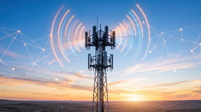 Telecommunication tower emitting 5G signal waves against sunset sky, wireless network connectivity, mobile phone antenna, future technology communication, rural landscape