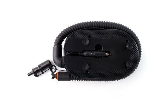 Black electric air pump bottom view with car plug and suction cups for automotive and travel gear business