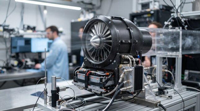 Fossil free jet propulsion system with ducted fan, battery module, fuel cell stack, composite casing, and airflow testing in an aerospace lab.