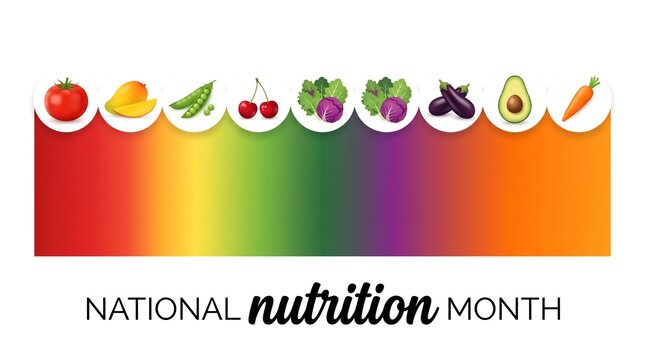 National Nutrition Month colorful banner with fresh fruits and vegetables