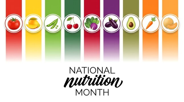 National Nutrition Month colorful food icons on rainbow background