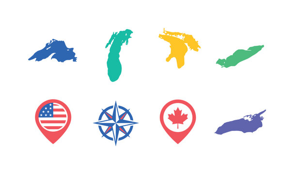 Great Lakes Geography, bright flat vector icon set featuring Lake Superior, Lake Michigan, Lake Huron, Lake Erie, Lake Ontario, compass, Canada marker, USA marker, covering North American geography,
