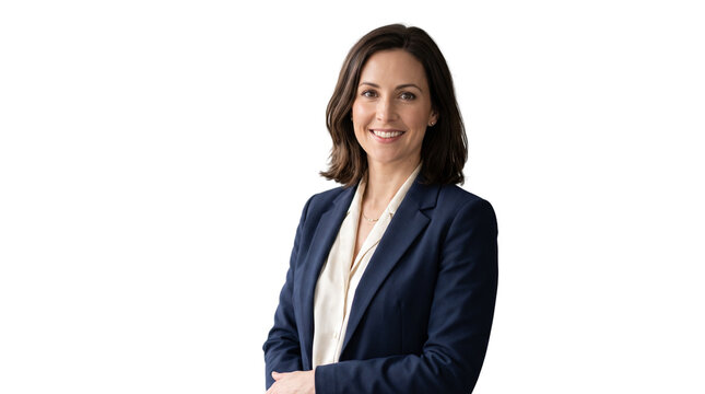 Professional business woman in navy blue blazer, confident female executive headshot, successful corporate leader smiling in formal attire isolated PNG with Transparent Background