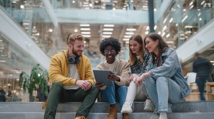 Fototapeta premium Group of young diverse friends sitting together on stairs in a shopping mall looking at a digital tablet screen